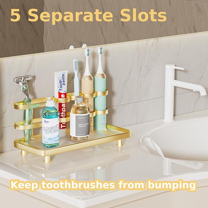 Electric Toothbrush Holder for Bathroom Countertop 5 Metal Slots Toothpaste Razor Mouthwash Organizer, Gold
