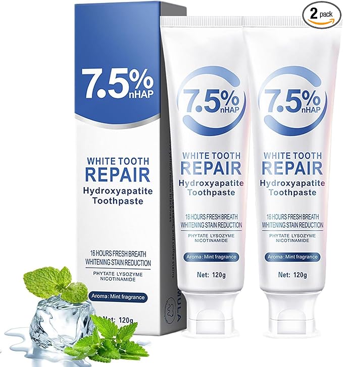 2Pcs 7.5% Hydroxyapatite Toothpastes for Enamel Protection and Tooth Strengthening, Stain Removal, Whitening Tooth, Gentle Mint, Fresh Breath, Daily Use for Oral Health