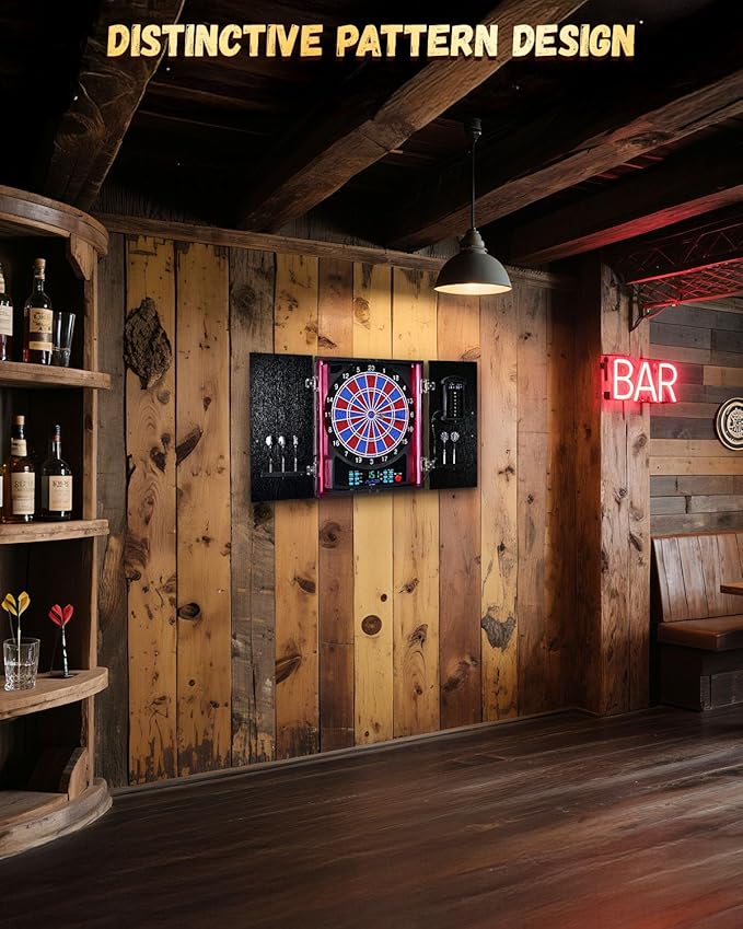 Electronic Dart Board, Electric Dartboard Cabinet Set for Adults [6 Soft Tip Darts] Individual Light Color for Each Player- Wooden Dartboard Cabinet for Family Game [Black]-StrideForce Fitness