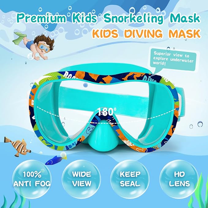 Kids Swim Goggles with Nose Cover, 180° Panoramic Snorkel Mask with Anti-Fog & Anti-Leak Design, Comfort Fabric Strap UV Protection Lens for Boys Girls Ages 3-15-StrideForce Fitness