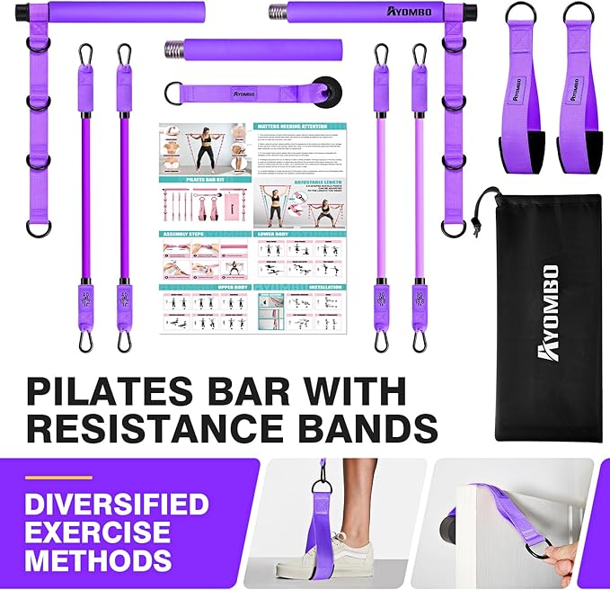 Pilates Bar Kit With Resistance Bands, Workout Equipment for Legs, Hip, Waist, Arm, Squats Exercise Equipment for Home Workouts, Adjustable 3-Section Bar Kit for Women & Men
