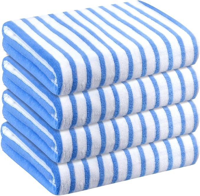 JML Microfiber Towels, Bath Towel Sets (4 Pack, 27" x 55") - Extra Absorbent, Fast Drying, Multipurpose for Bath, Swimming, Fitness, Sports, Yoga,Stripe Blue-StrideForce Fitness