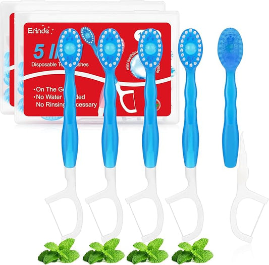 Erinde 24Pack 5 in 1 Mini Disposable Toothbrushes with Toothpaste + Tongue Scraper + Picks + Floss Travel Case, Prepasted Travel Toothbrushes Pick for Work or Travel, Soft Brushes