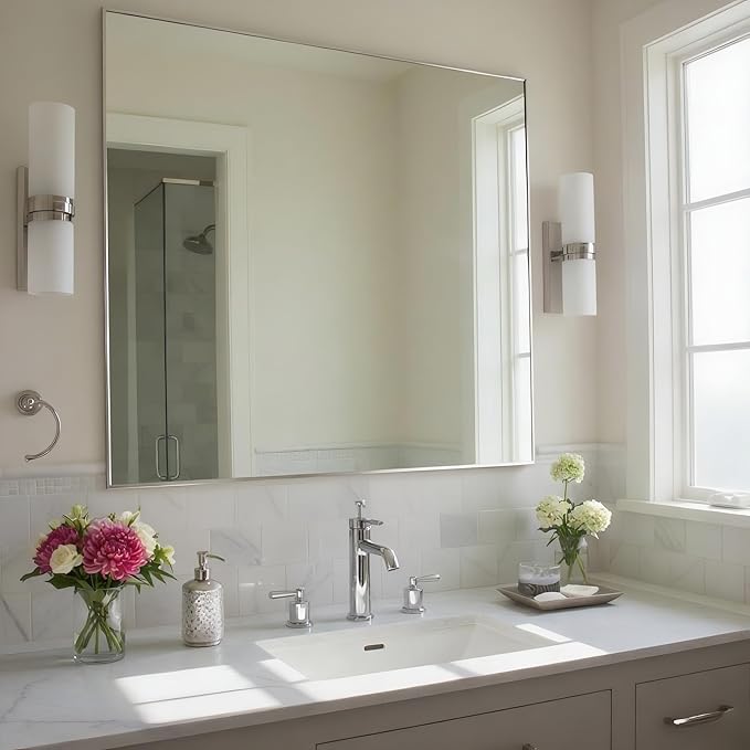 30x36 Inch Nickel Bathroom Mirror for Wall, Aluminum Frame Rectangle Rectangular Vanity Mirror, Modern Large for Bedroom, Living Room, Horizontal or Vertical-StrideForce Fitness