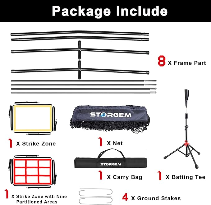 Storgem Baseball and Softball Practice Net 7×7ft Portable Hitting Pitching Batting Training Net Baseball Backstop Net with Batting Tee and Strike Zone and Bow Frame-StrideForce Fitness