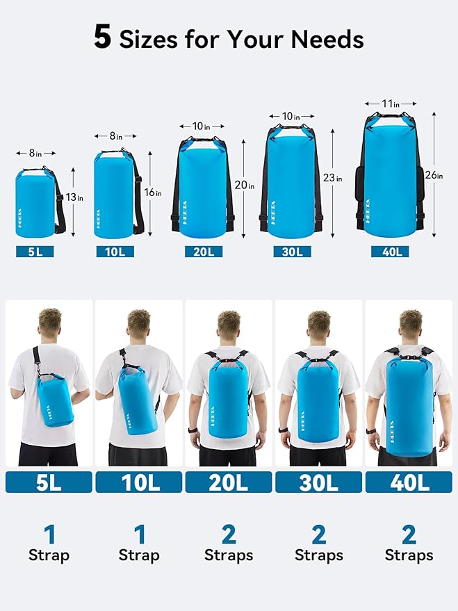 HEETA Waterproof Dry Bag for Women Men(Upgraded Version) 5L/10L/20L/30L/40L Roll Top Lightweight Dry Storage Bag Backpack with Emergency Whistle for Travel, Swimming, Boating, Kayaking, Camping, Beach-StrideForce Fitness