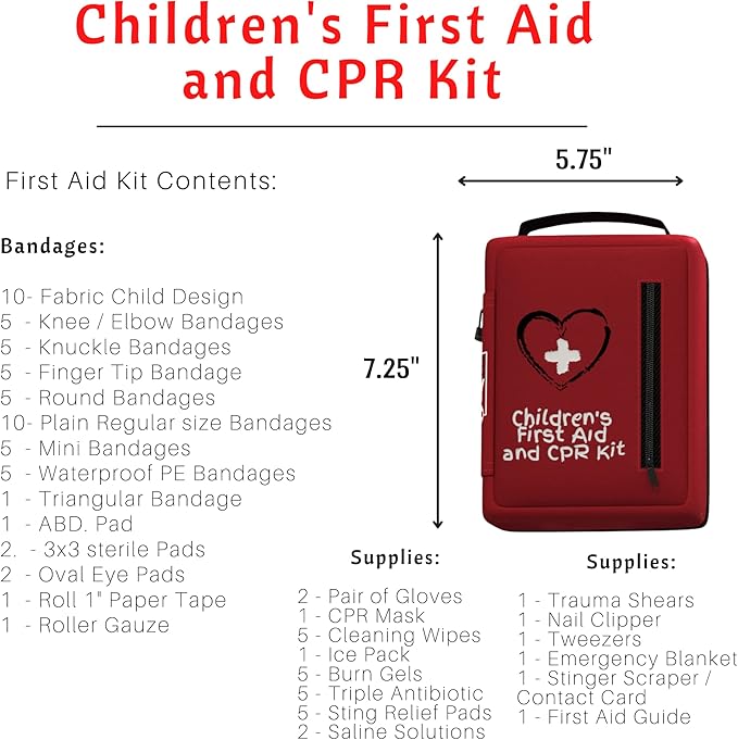Portable First Aid Kit for Kids with CPR Shield - Ideal for Home, Car, School, Camping, and as a Travel First aid kit. Latex-Free Bandages – Children First Aid Guide by The Life Safety Pro-StrideForce Fitness