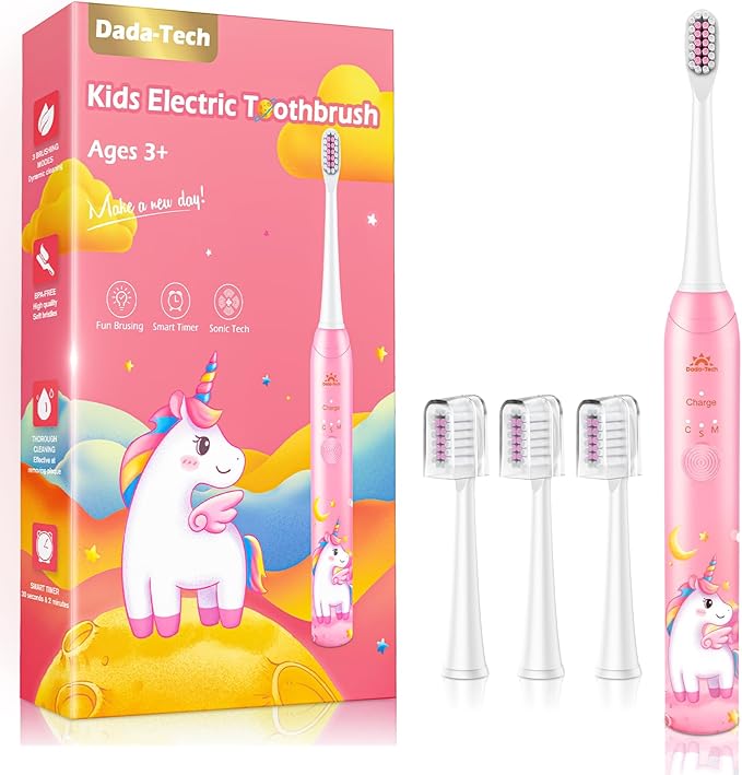 Kids Toothbrush Electric Girls Electric Toothbrush Rechargeable Age 3-5-6-12-18 Year Old, 3 Modes 4 Vibrating Heads Habit-Forming Stickers 31000VPM Girls Toothbrush (Unicorn Pink)
