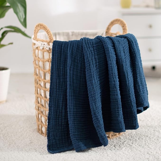 Carriediosa 100% Cotton Muslin Throw Blanket 66" X 90" Twin XL Size，4-Layers Summer Gauze Throws for Bed Couch，Soft Lightweight Breathable Linen Blankets Bedspread for Adults All Season，Navy Blue-StrideForce Fitness