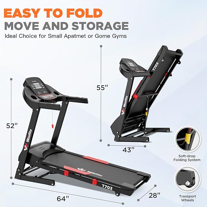 Treadmill with Incline, 300 LBS Capacity, 8 MPH or 10 MPH Speed, Bluetooth, App, Pause Function, Folding Treadmills for Home with 64 Programs, 17'' or 18'' Wide Belt, Heart Rate, BMI Detector-StrideForce Fitness