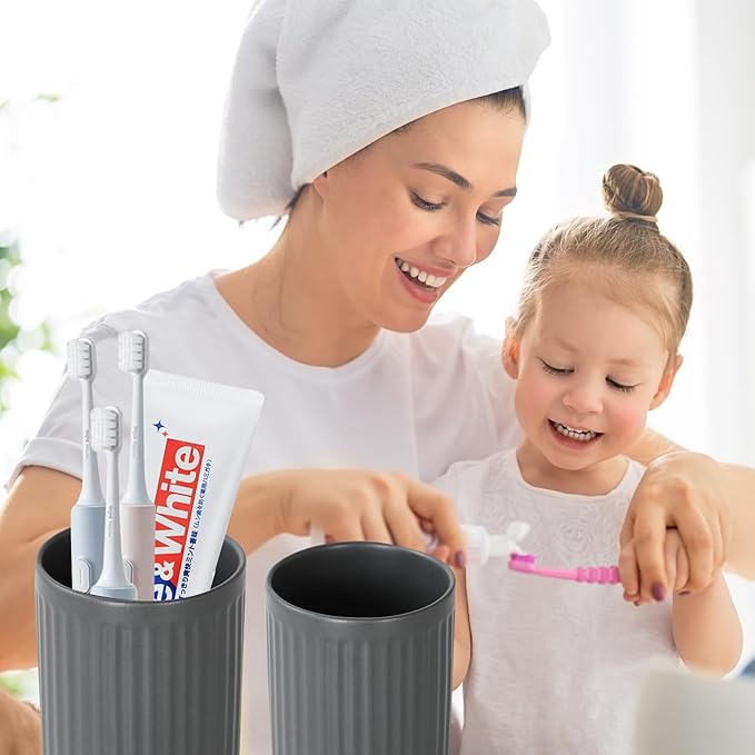 Grey Toothbrush Holders for Bathrooms - 2 Cups Ceramic Toothbrush Toothpaste Holders Set, White Bathroom Tumbler Cups Reusable Toothbrush Mouthwash Cup, Bathroom Counter Organizer.