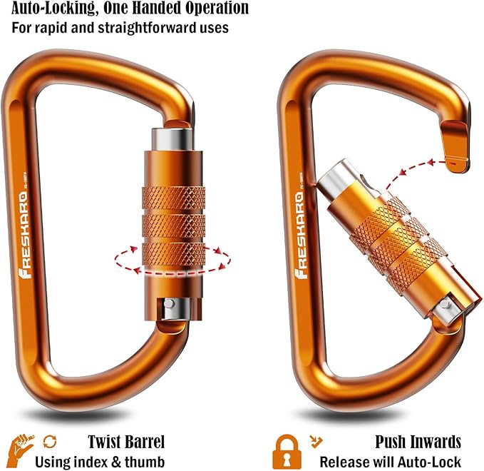 FresKaro 3inch 12kN-2698lbs Auto Locking Carabiner Clips, Solid D Shape, Heavy Duty 7075 Aluminum, Lightweight 1.09oz, Rust Proof, for Hammock, Hiking, Dog Leash, Keychain etc., Multi-Colors-StrideForce Fitness