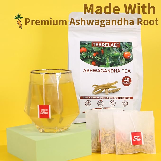 TEARELAE - Ashwagandha Tea Bags - 2.5g x 40 Count - Sourced From India - Premium Natural Cut & Sifted Pure Indian Ginseng Root - Non-GMO - Caffeine-free - Rich in Antioxidants & Boost energy-StrideForce Fitness