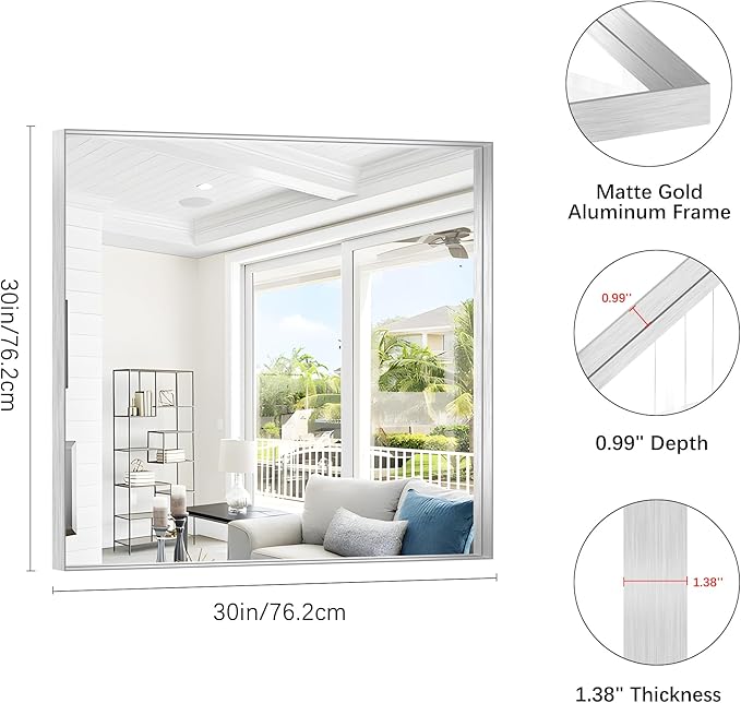 Silver Bathroom Mirror, 30x30 Inch Rectangular Framed Mirror, Large Wall Mounted Bathroom Vanity Mirror Over Sink for Bedroom,Restroom, Living Room, Hangs Vertically or Horizontally-StrideForce Fitness