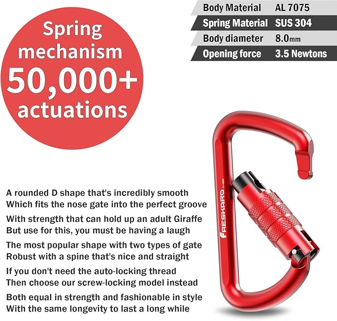 FresKaro 3inch 12kN-2698lbs Auto Locking Carabiner Clips, Solid D Shape, Heavy Duty 7075 Aluminum, Lightweight 1.09oz, Rust Proof, for Hammock, Hiking, Dog Leash, Keychain etc., Multi-Colors-StrideForce Fitness