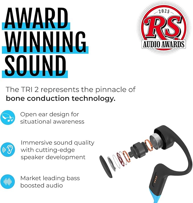 H2O Audio TRI 2 Multisport Waterproof Bone Conduction Open Ear Headphones, Bluetooth 5.3 for Running and Cycling, MP3 Mode for Swimming, 8GB Memory, 8.5-Hour Battery, Black-StrideForce Fitness