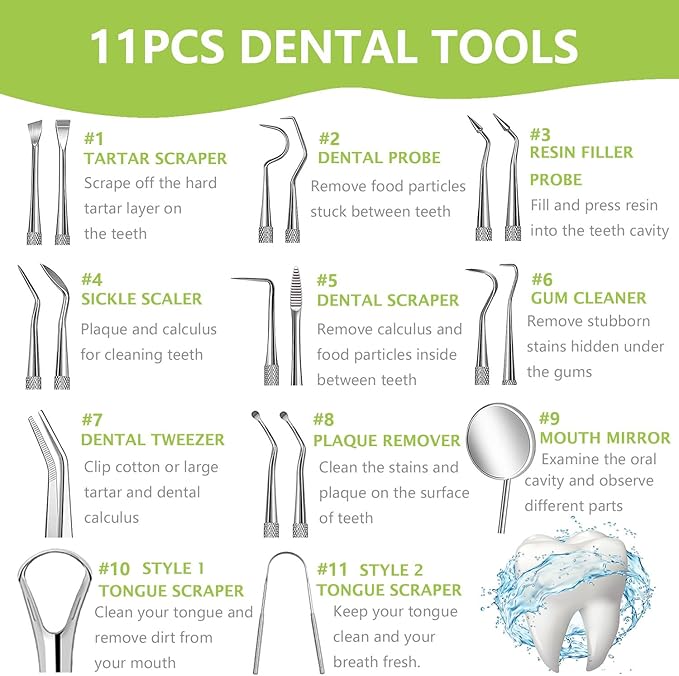 11 Pack Dental Tools PARYUNGR Teeth Cleaning Tool Kit, Stainless Steel Tongue Scraper Tartar Plaque Remover Tooth Cleaner Dental Floss Picks Mouth Mirror, Professional Oral Care Hygiene Set with Case