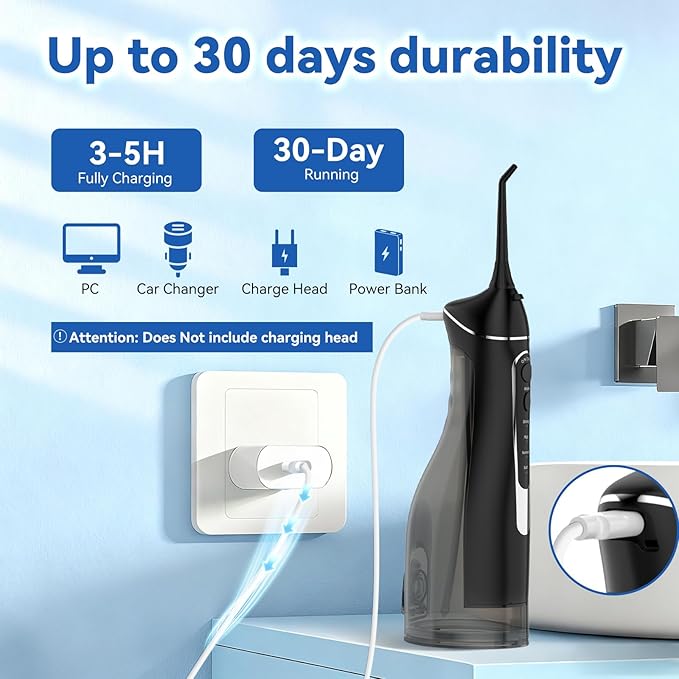 Cordless Portable Water Flosser with 300ML Tank: Rechargeable Oral Irrigator with 5 Tips for Travel, Braces Care and Sensitive Gums, IPX7 Waterproof Teeth Cleaning Device(Black)