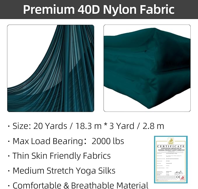 PRIOR FITNESS Aerial Silks Kit Colorful 9/15/20 Yards 40D Nylon Fabric Hammock Set With Hardware & Guide for All Levels Of Aerial Yoga Practice and Acrobatic Flying For Adults Aerial silk-StrideForce Fitness