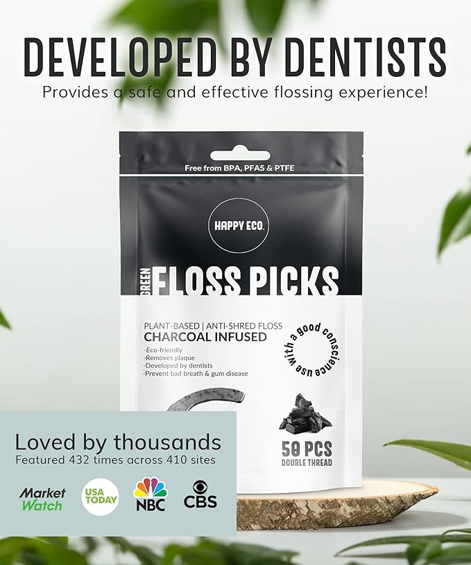 Floss Picks Biodegradable (200pcs) - Plant Based Dental Floss Picks, Natural Flossers for Adults & Kids, Nontoxic Vegan Tooth Pick Flossers & Floss Sticks - Double Thread Charcoal