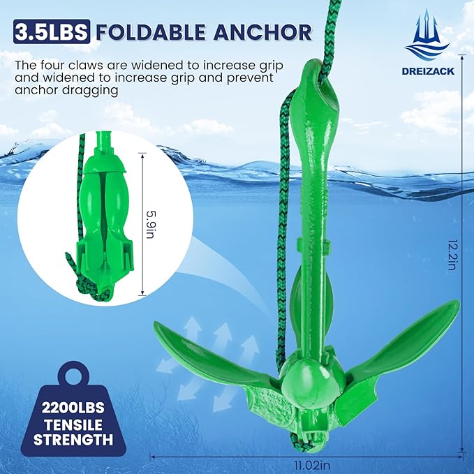 Dreizack Kayak Anchor Kit, 3.5 lb Folding Grapnel Boat Anchor Trolley Accessories with 40ft Rope and PVC Buoy for Fishing Kayaks SUP Paddle Boards Canoes Jet Ski PWC Inflatable Small Boats-StrideForce Fitness