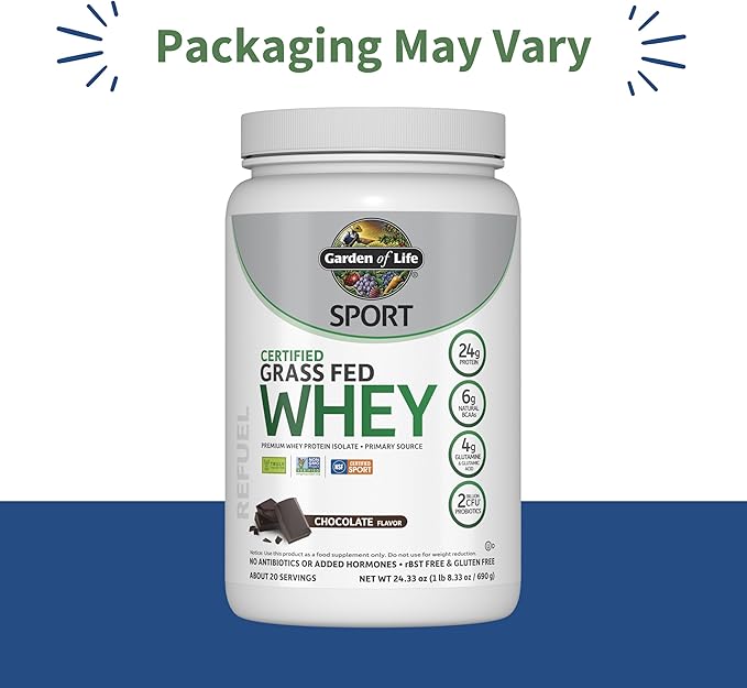 Garden of Life Sport Whey Protein Powder Chocolate, Premium Grass Fed Whey Protein Isolate Plus Probiotics for Immune System Health, 24g Protein, Non GMO, Gluten Free, Cold Processed - 20 Servings-StrideForce Fitness