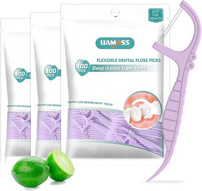 Dental Floss Picks,Twin Line 300 Count Lemon Flavor Dental Flossers,LIAMOSS Dual Action Flossing System,Superfine Toothpicks Sticks,Comfortable for Tight Teeth(Purple)