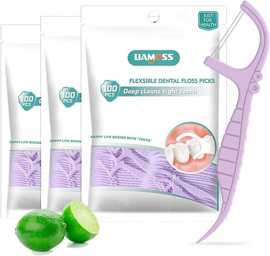 Dental Floss Picks,Twin Line 300 Count Lemon Flavor Dental Flossers,LIAMOSS Dual Action Flossing System,Superfine Toothpicks Sticks,Comfortable for Tight Teeth(Purple)