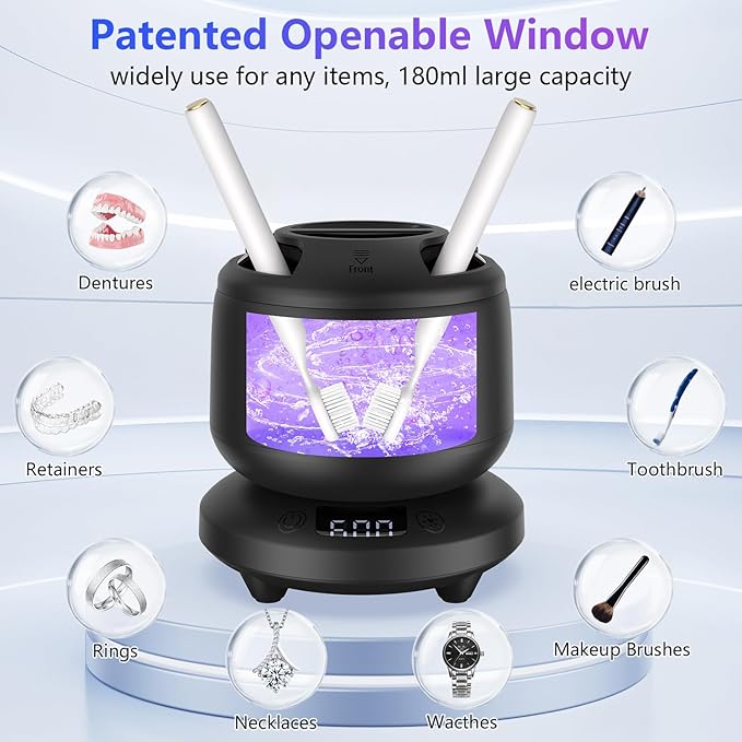 2025 Ultrasonic Retainer Cleaner for Dentures & Aligner, Durable Removable Base and Top Cover, Denture Cleaner Machine with 4 Modes for Mouth Guards, Jewelry, Rings, etc (Black)