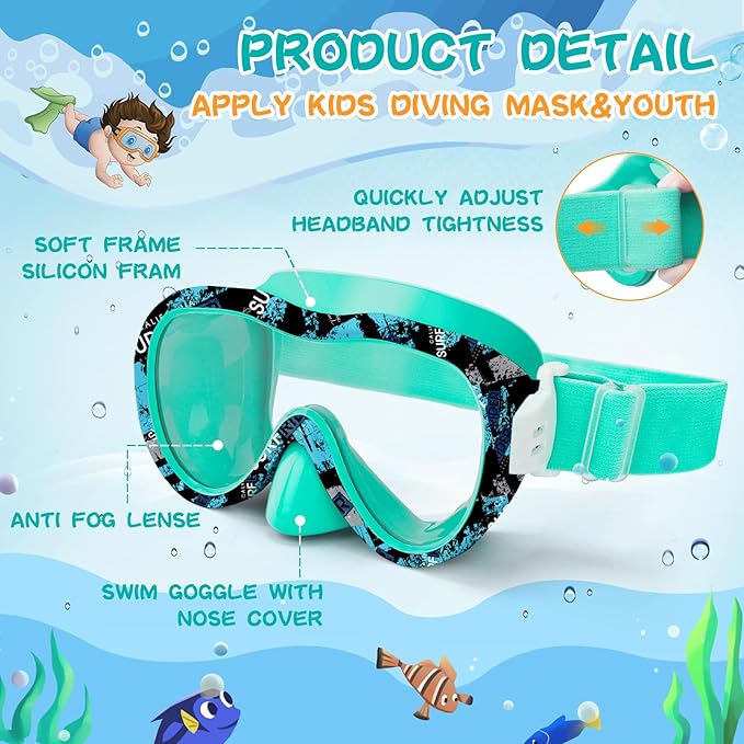 Kids Swim Goggles 180° Snorkel Diving Mask with Nose Cover, Anti-Fog Kids Swimming Goggles with Elastic Fabric Strap for Kids Boys Girls-StrideForce Fitness