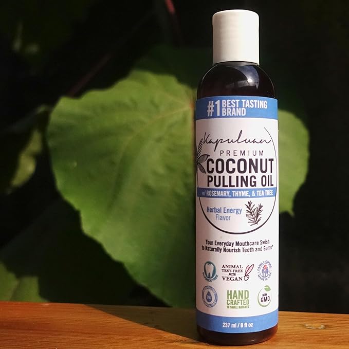 Kapuluan Coconut Oil Pulling for Teeth and Gums Mouthwash, 100% Pure and Natural, Non-GMO, Ayurvedic– with Rosemary, Thyme, and Tea Tree Essential Oil
