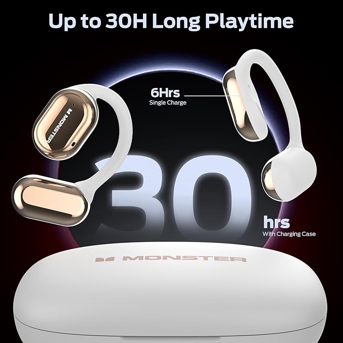 Monster Open Free AC100 Open Ear Headphones, Bluetooth 5.3 Wireless Headphones with Earhooks, Immersive Stereo Sound by Dual Large Driver, Clear Talk, 30H Playtime,Waterproof Sport Earbuds for Running-StrideForce Fitness