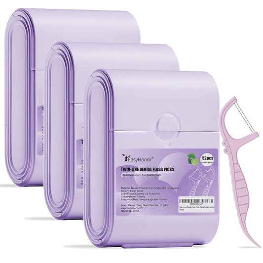 EasyHonor Dental Floss Picks,Twin-Line Lemon Flavor Dental Flossers, Dual Action Flossing System, Easy Carry and Pick, 156 Count Floss Sticks in 3 Portable case.(Purple, Lemon)