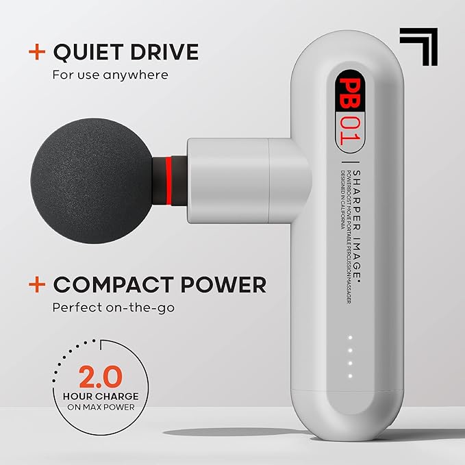 Sharper Image Powerboost Move - Mini Percussion Massage Gun| 4 Attachments, 4 Speeds| Full Body Back & Shoulder Massager| Muscle Recovery & Pain Relief| Deep Tissue Massage Tool| Wellness Gift