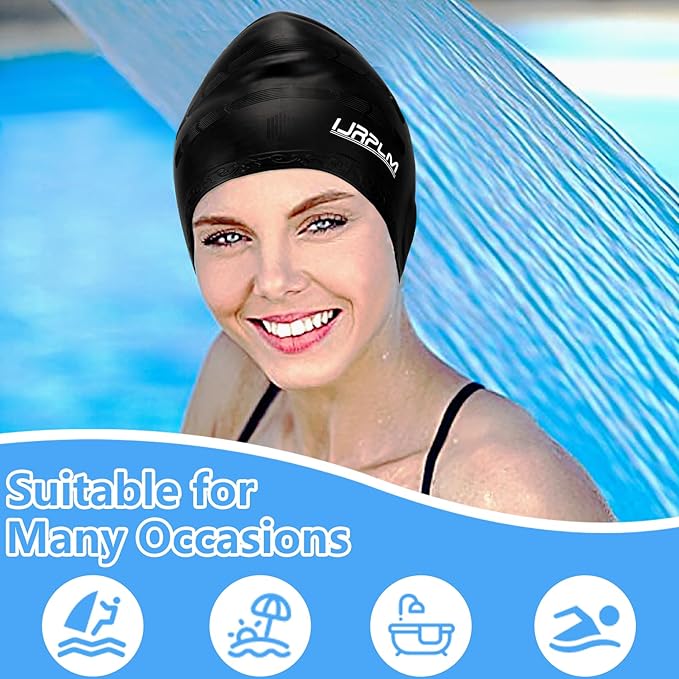 Swim Cap Long Hair,Silicone Swimming Caps with 3D Ear Cover,Waterproof Adult Swim Hats Bathing Caps for Women Men,Keep Your Hair Dry-StrideForce Fitness