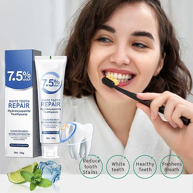 White Tooth Repair Hydroxyapatite Toothpaste, 7.5% nHAP, Mint Fragrance, 16 Hours Fresh Breath, 120g (4PACK, Mint+Fruit Flavor)