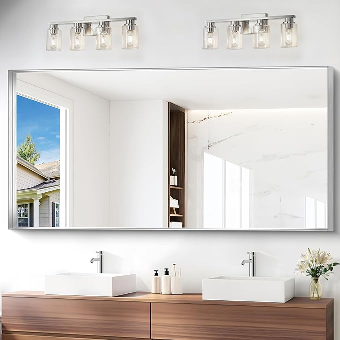 Silver Bathroom Mirror, 72x36 Inch Rectangular Framed Mirror, Large Wall Mounted Bathroom Vanity Mirror Over Sink for Bedroom,Restroom, Living Room, Hangs Vertically or Horizontally-StrideForce Fitness