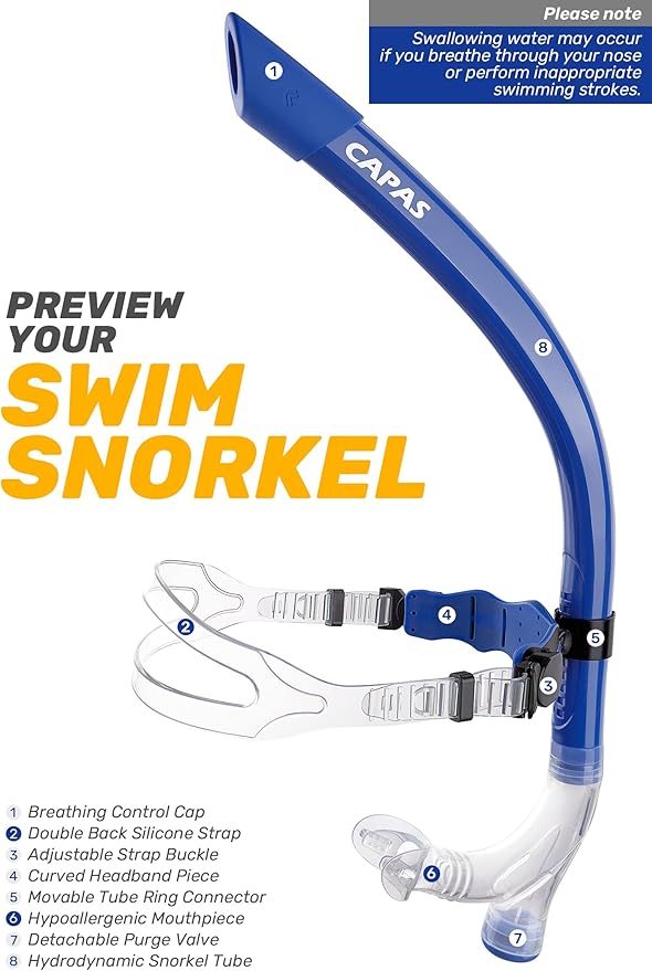 CAPAS Training Swim Snorkel for Lap Swimming, Swivel Headband Ultimate Fit Center-Mount Swimmers Snorkel with Liquid Silicone Mouthpiece Adjustable Strap, Designed for Adult Men Women-StrideForce Fitness