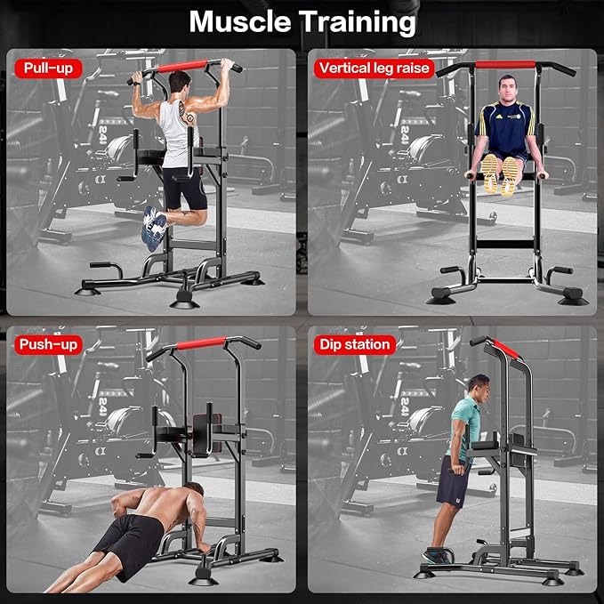 Power Tower Height Adjustable 59”-90” Dip Station Pull Up Bar Multi-Function for Home Gym Fitness Workout Exercise Equipment Strength Training-StrideForce Fitness