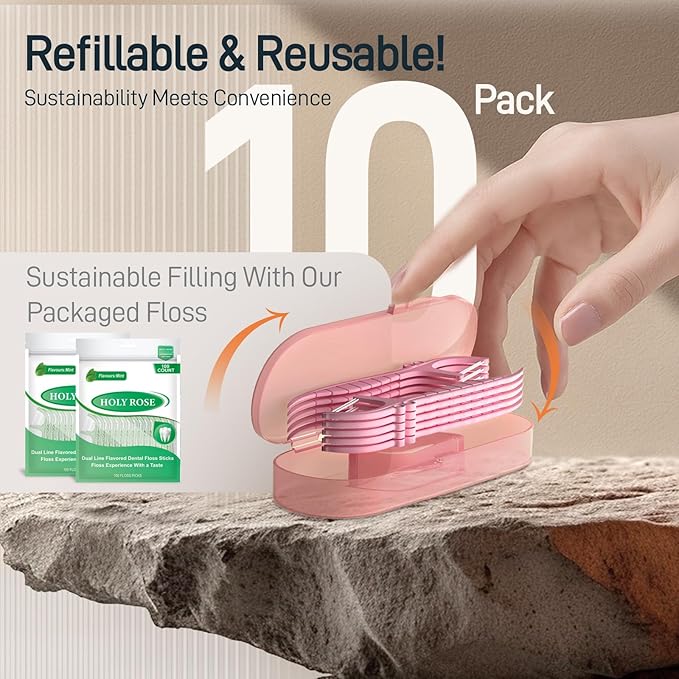 Holy Rose Pink Dental Floss Picks with Micro Travel Case - 5-Box Pack (10 Double String Flossers Each) - Easy Teeth Clean for Adults, Perfect for Home and On-The-Go Flossing