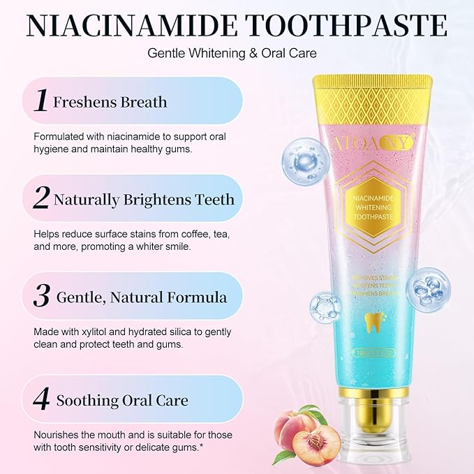 Niacinamide Whitening Toothpaste – Intensive Triple Whitening Toothpaste for Deep Stain Removal, Fresh Breath, Natural Mint & Peach Flavor, Gentle Formula Improves Gum Health, 3.5oz