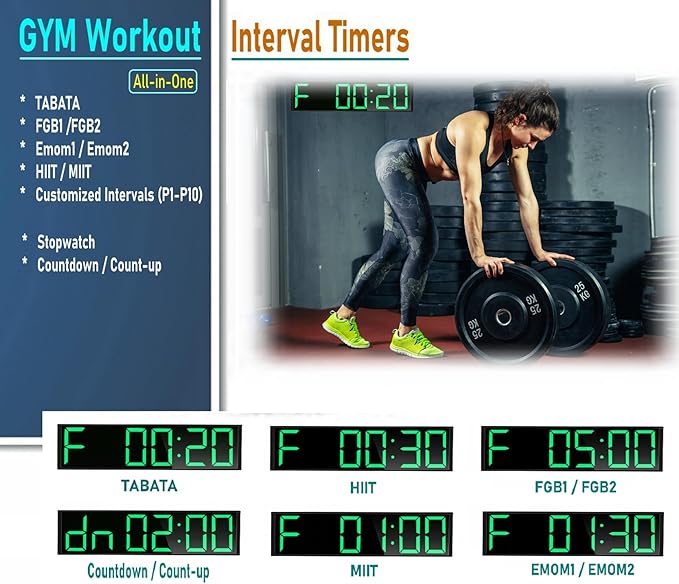 26'' Extra Large Home Gym Timer Clock, Programable Workout Interval Timer, Digital Wall Clock, with 7-Color Night Light, 8 Alarm Clocks, Calendar/Temperature, Countdown & Stopwatch (Green)-StrideForce Fitness