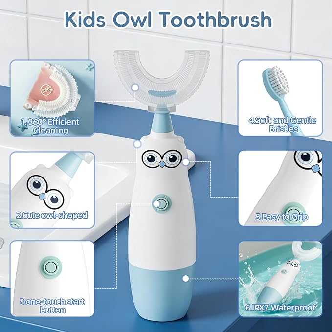 Kids Electric Toothbrush，360-Degree Sonic Vibration, IPX7 Waterproof,Toddler U Shaped Toothbrush with 2 Soft Brush Head,Cute Owl Design Baby Toothbrush for Ages 8–13（Blue）