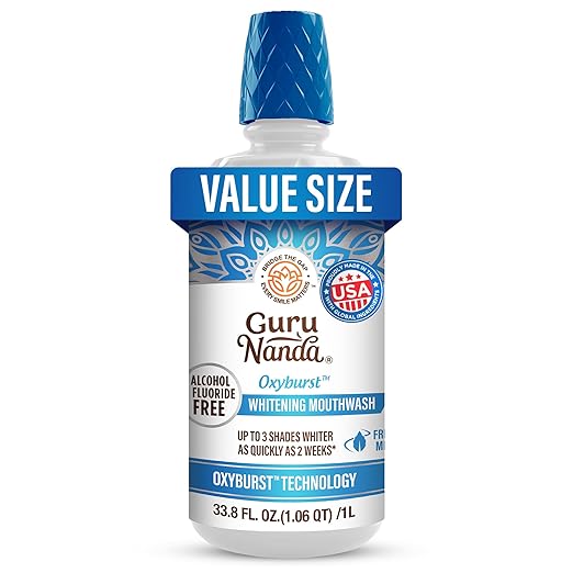 GuruNanda Oxyburst Teeth Whitening Mouthwash – Alcohol & Fluoride Free, with Hydrogen Peroxide & 7 Essential Oils, Value Pack for Regular Use, Wild Mint, 1 Liter/33.8 fl oz