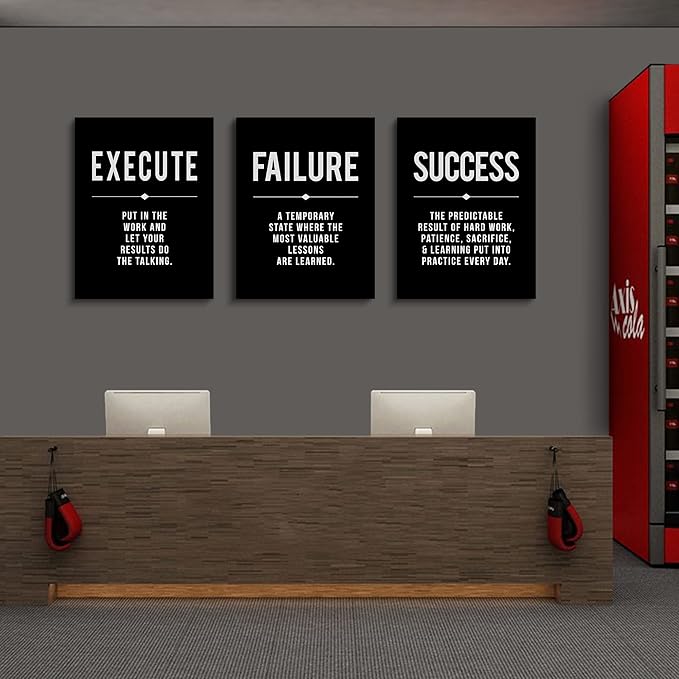 Framed Canvas Wall Art Success Quote For Office, Black Large Positive Motivational Poster, Set of 3, Execute Failure Definition, Inspirational Print (A-3pcs,12x16inchx3pcs)-StrideForce Fitness