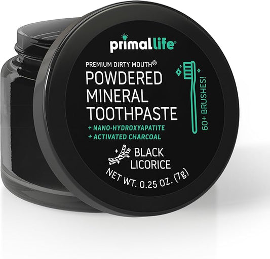 Primal Life Organics - Dirty Mouth Toothpowder, Activated Charcoal Tooth Cleaning Powder, Essential Oils Natural Kaolin Bentonite Clay, 60+ Brushings, Organic Vegan (Charcoal Black Licorice, 0.25 oz)