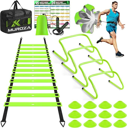 Agility Ladder, Speed Training Equipment Set, 20ft Agility Ladder, 12 Soccer Cones, 4 Hurdles, Jump Rope, Running Parachute, Basketball Football Soccer Training Equipment for Kids, Youth, Adults-StrideForce Fitness