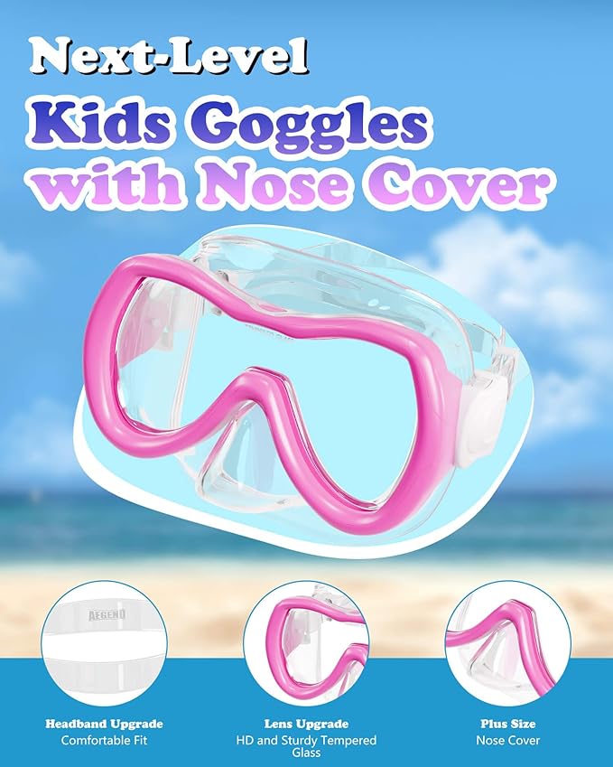 Aegend Kids Swim Mask Goggles, Tempered Glass 180° HD Wide View with Nose Cover-StrideForce Fitness