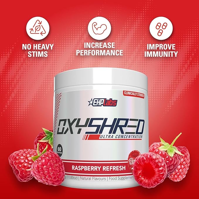 EHP Labs OxyShred Pre Workout Powder - Preworkout Powder with L Glutamine & Acetyl L Carnitine, Energy Boost Drink - Raspberry Refresh, 60 Servings-StrideForce Fitness