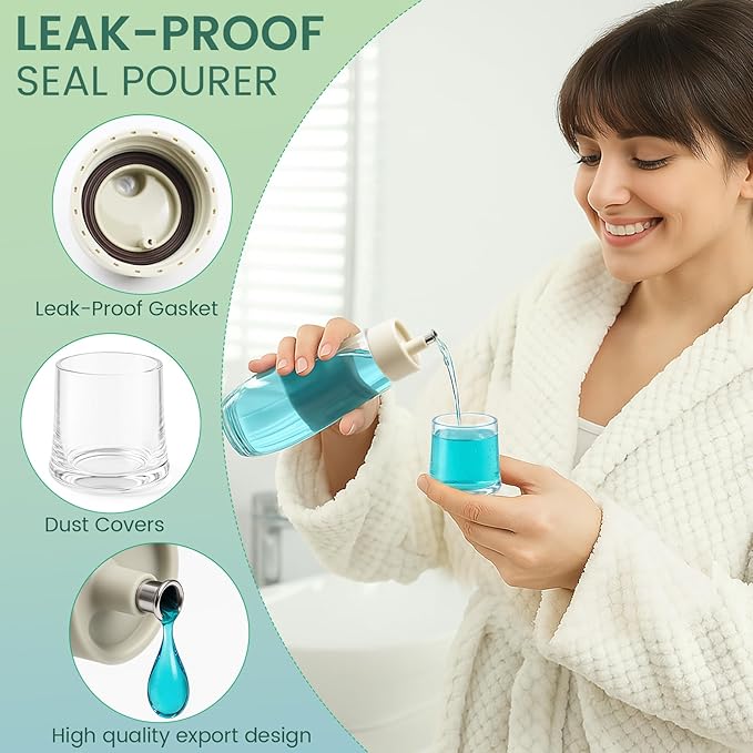 Tokusatsu Mouthwash Dispenser for Bathroom, 8.8 oz Clear Glass Refillable Mouthwash Container Bottle with Lid Cup for Countertop, 1 Pack